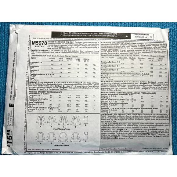 McCalls 5978 Pattern Cardigan top size xs s m - Picture 3 of 5